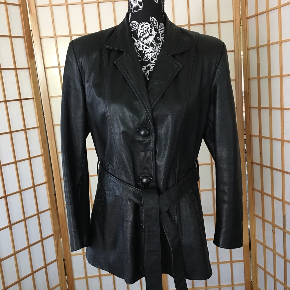 Lined Black Leather Jacket with Sash
